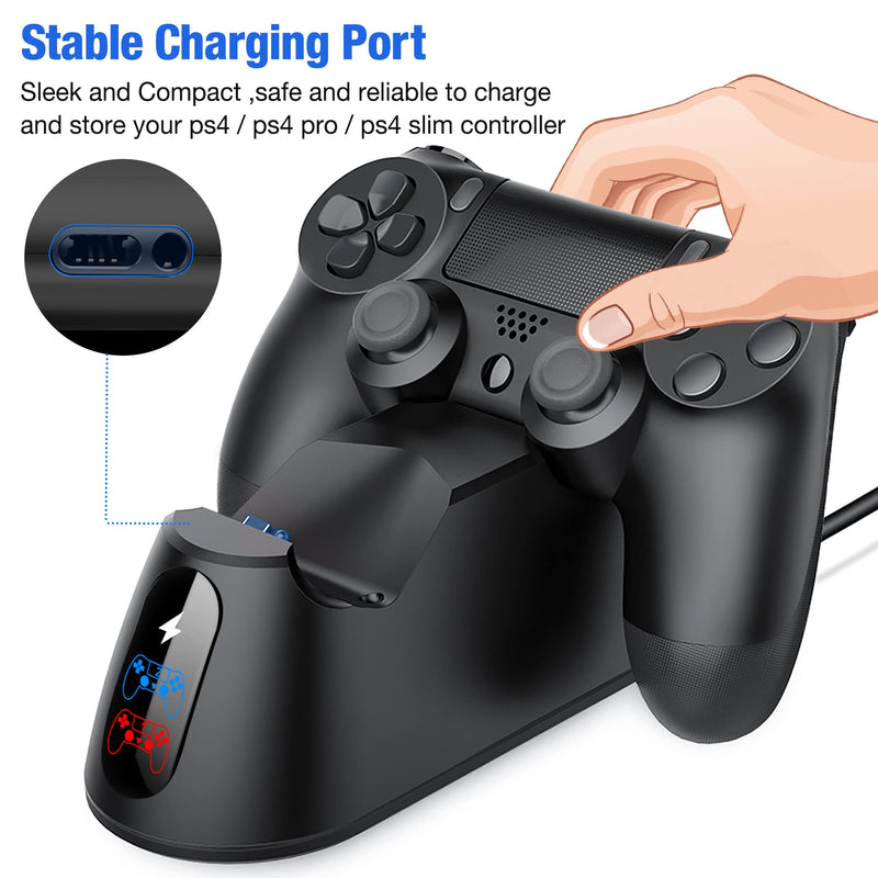 PS4 Controller Charger Station, PS4 Charger PS4 Charging Station for Playstation 4 Dualshock 4 Controller, Upgraded PS4 Charging Dock Station with Fast-Charging Port for Playstation 4 Controllers Black-Blue