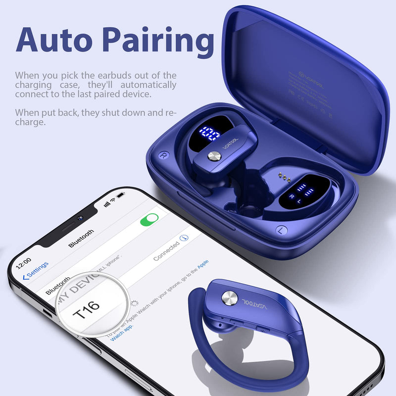 Wireless Earbuds Bluetooth Headphones 48hrs Play Back Sport Earphones with LED Display Over-Ear Buds with Earhooks Built-in Mic Headset for Workout Blue BMANI-VEAT00L