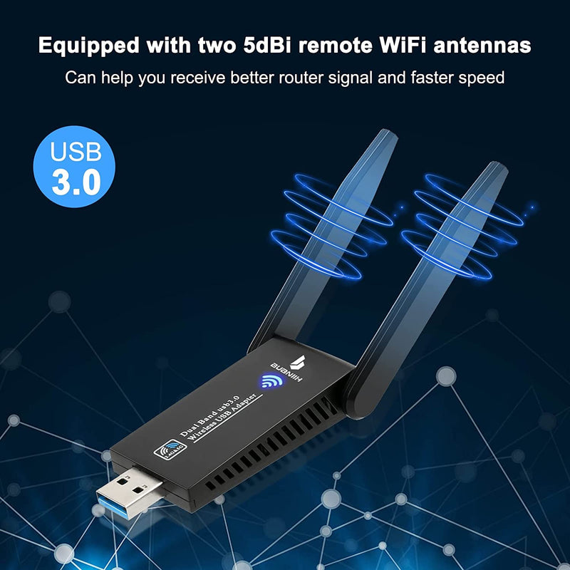 WiFi Adapter,WiFi Adapter for Desktop PC,1300Mbps Dual 5Dbi Antennas,Support 2.4G & 5G(400Mbps/867Mbps) Network,802.11AC Compliant,USB 3.0,Support Win10/8/7/XP, Mac OS/10.9-10.15 1300Mbps