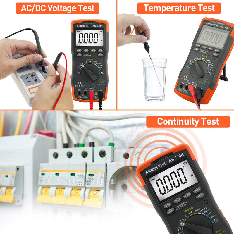 Digital Multimeter Engine Analyzer, Auto-Ranging 6000 Counts Voltage Meter, Volt Ohm Amp DMM Tester, Injection Pulse, Dwell Angle, RMP Tester for Automotive Professionals (ANNMETER AN-770K)