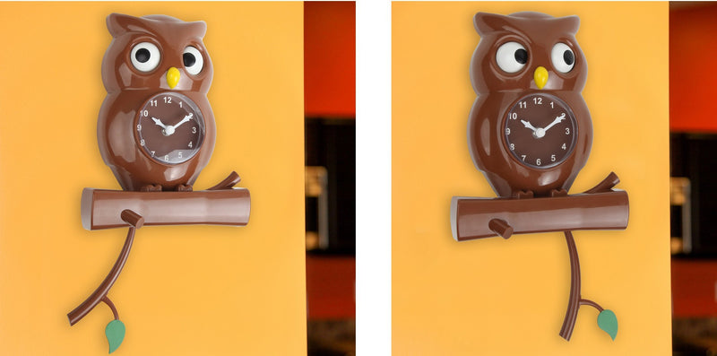 Lily's Home Pendulum Owl Clock with Revolving Eyes and Swinging Branch, Battery Powered and Wall Mountable, Wonderful and Whimsical Addition to Themed Bedroom Décor, Brown (15 Inches)