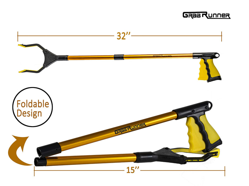 GrabRunner Reacher Grabber Tool, 32" Foldable Pickup Tool, with Strong Magnetic Lightweight Aluminum Reaching Aid with Rotating Rubber Gripper, Long Arm Extender for Elderly, Garden Nabber (Gold)