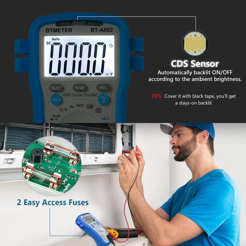 BTMETER BT-39C True RMS Digital Multimeter Auto Ranging for AC DC Voltage,Current, Resistance, Capacitance Tester with Temp Battery LED Test Auto Backlit