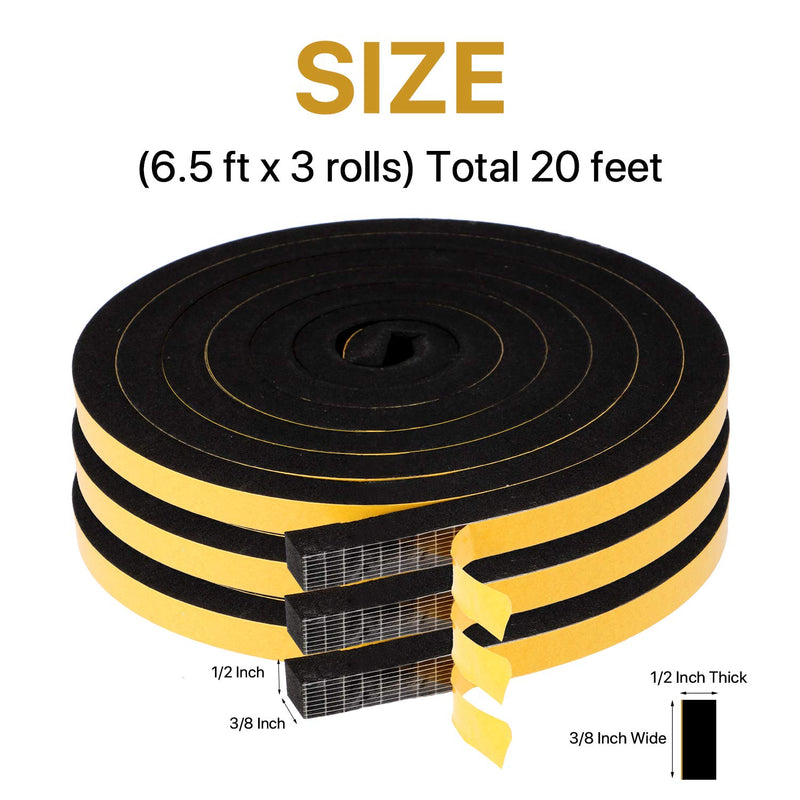 Foam Seal Strip-3 Rolls, 1/2 Inch Wide X 3/8 Inch Thick Total 20 Feet Long, Self Adhesive Weather Stripping for Doors Insulation Soundproofing Closed Cell EPDM Foam Tape Window Seal（6.5ft x 3 Rolls） 1/2" (W) x 3/8" (T) x 20' (L)