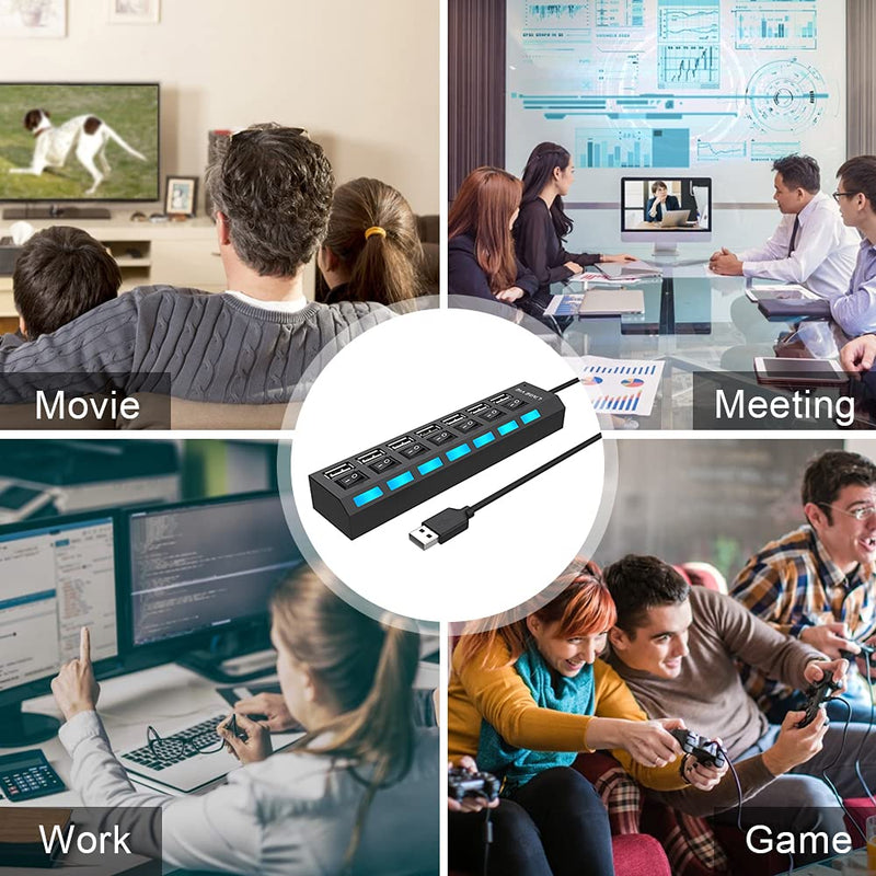 Multi Port USB Splitter, 7 in 1 USB 2.0 Hub with High Speed Individual ON/Off Switches with LEDs