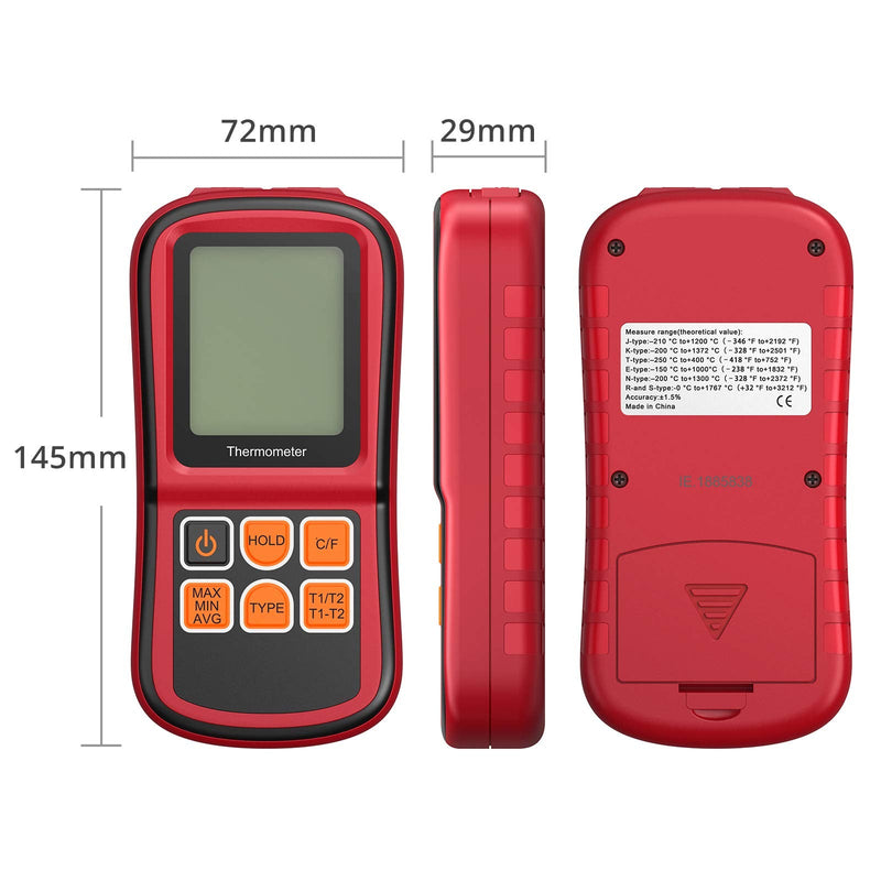 Kamtop Digital Thermometer Dual Channel Thermometer with Two K- type Thermocouples Temperature Meter with LCD Backlight for K/ J/ T/ E/ R/ S/ N Thermocouple