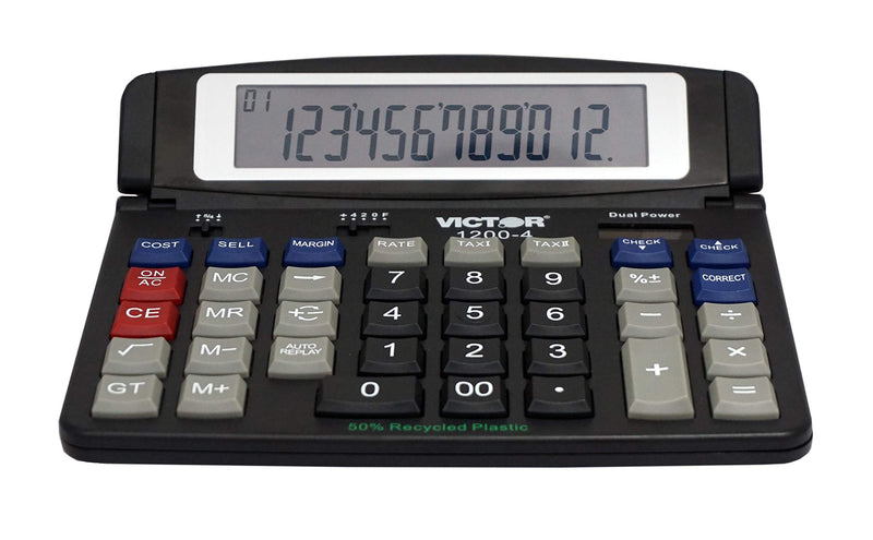 Victor 1200-4 12-Digit Large Professional Desktop Calculator, Battery and Solar Hybrid Powered Tilt LCD Display, Great for Home and Office Use, Black 1-Pack