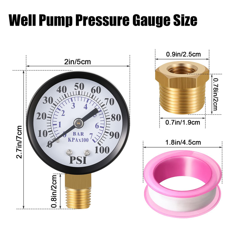 2 Inch Dial Face 1/4 Inch NPT Water Pump Pressure Gauge with 1/4 Inch NPT Male 1/2 Inch NPT Adapter Brass Fitting and Tape