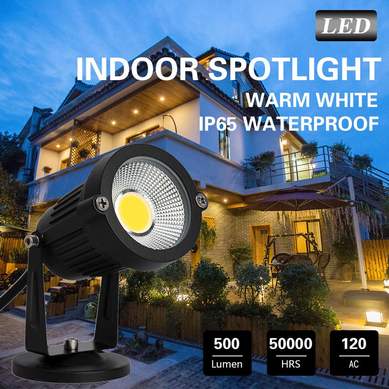 5W LED Spotlight Lamp, Indoor Spot Lights for Plants Uplights Accent Lighting ,120V Landscape Lights Warm White Up Light 6FT Cord with US 3 Prong (2 Pack Base and Stake Included)