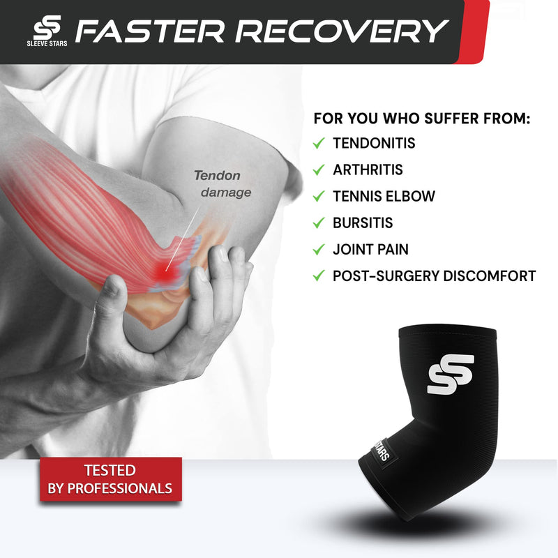 Sleeve Stars Tennis Elbow Sleeve for Women & Men, Elbow Brace for Tendonitis and Elbow Compression Sleeve for Elbow Pain & Arthritis, Arm & Elbow Protector Support Wrap for Golf, Carpal Tunnel (S-XXL) M: 8.5"-10" Black