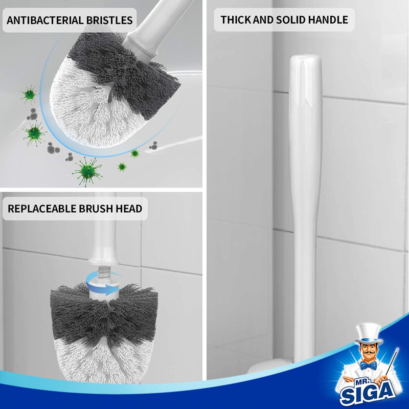 MR.SIGA Toilet Bowl Brush and Holder, Premium Quality, with Solid Handle and Durable Bristles for Bathroom Cleaning, White, 1 Pack