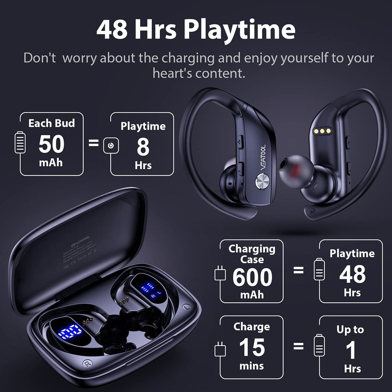 Wireless Earbuds Bluetooth Headphones 48hrs Play Back Sport Earphones with LED Display Over-Ear Buds with Earhooks Built-in Mic Headset for Workout Black BMANI-VEAT00L