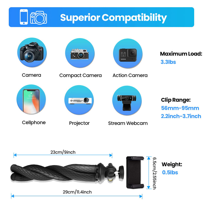 Tripod for iPhone, Goocong Flexible Tripod for Phone Camera with Cell Phone Mount for Samsung Google Smartphone, DSLR Camera Black