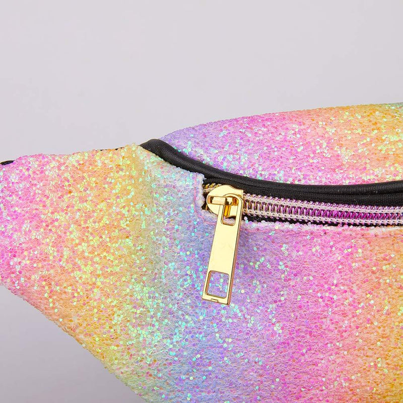 QtGirl Fanny Pack for Kids, Glitter Waist Bag Shiny Bags with Adjustable Belt for Children Sport Running, Camping, Trip Rainbow