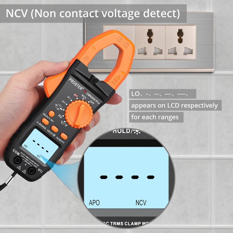 Proster Digital Clamp Meter TRMS 6000counts, 800A DC AC Current AC/DC Voltage NCV Continuity Capacitance Resistance Frequency Diode Hz Test, with1 PairTest Leads 1 Pair Alligator Clips