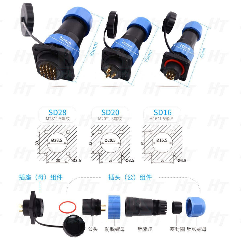HangTon HE29 14 Pin Waterproof IP68 Connector Outdoor Circular Threaded Male Female Solder Plug Panel Socket 4-Screw (14 pin 10A 380V) 14 pin 10A 380V