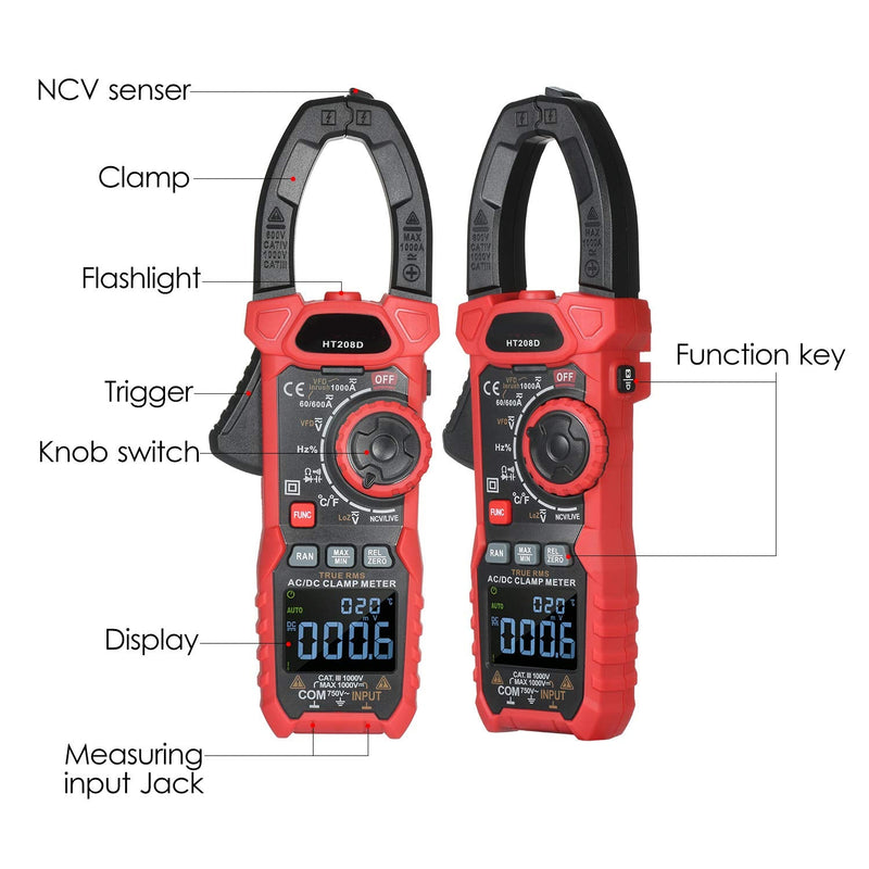 AC/DC Digital Clamp Meter 1000A True RMS Auto Range Professional Multimeter, 6000 Counts, Inrush, VFD, LOZ Mode Measures Current Voltage Temperature Capacitance Resistance Diodes Continuity Duty-Cycle AC/DC Current Meter