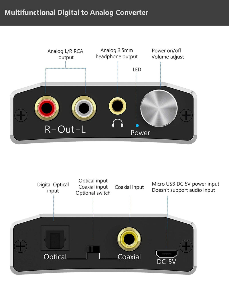 Reiyin DA-01 Digital to Analog Converter DAC Digital Optical Coaxial Toslink to Analog Stereo L/R RCA 3.5mm Audio Adapter with Volume Control for PS3 PS4 Xbox DVD AV Amps Cinema Systems Apple TV