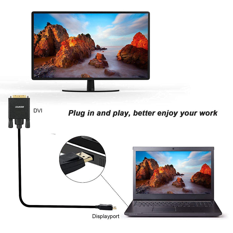 DisplayPort to DVI Adapter, Dp Display Port to DVI Converter Male to Male Gold-Plated Cord 6 Feet Black Cable for Lenovo, Dell, HP and Other Brand 1 PACK