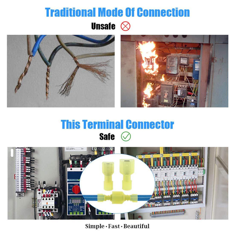 Glarks 100pcs 12-10 Gauge Fully Insulated Female Male Spade Nylon Quick Disconnect Electrical Insulated Crimp Terminals Connectors Assortment Kit Yellow