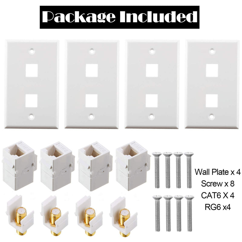 4 Pack Ethernet Coax Wall Plates, Cat6 Coax Wall Plate with Ethernet Port and Gold-Plated TV Coax Cable F-Type Port (White) White