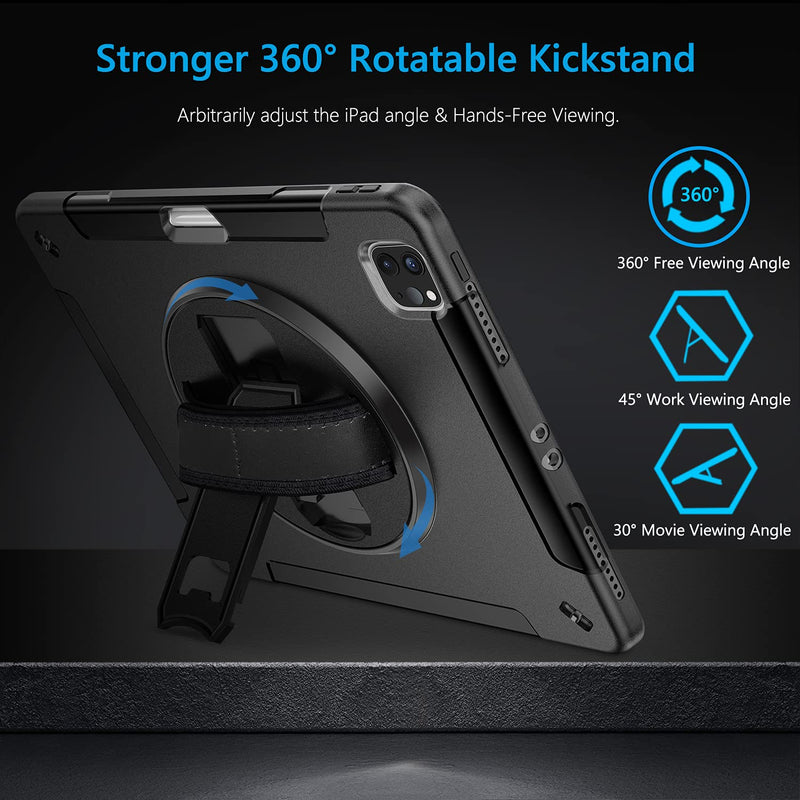 Miesherk iPad Pro 12.9 Case 2021/2020: Military Grade Heavy Duty Shockproof Cover for iPad Pro 12.9 Inch 5th/4th Generation- Pencil Holder - Rotating Stand - Hand/Shoulder Strap - Black iPad Pro 12.9'' 2021 5th Gen Black+Black