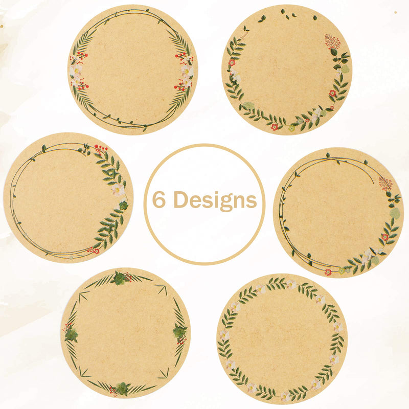 Sabary 600 Pieces Label Stickers Floral Natural Brown Kraft Stickers for Mason Jars and Lids Labels, Pantry Labels, Present Sticker Labels, Canning Labels, Bottle Labels, Spice Labels, 6 Designs