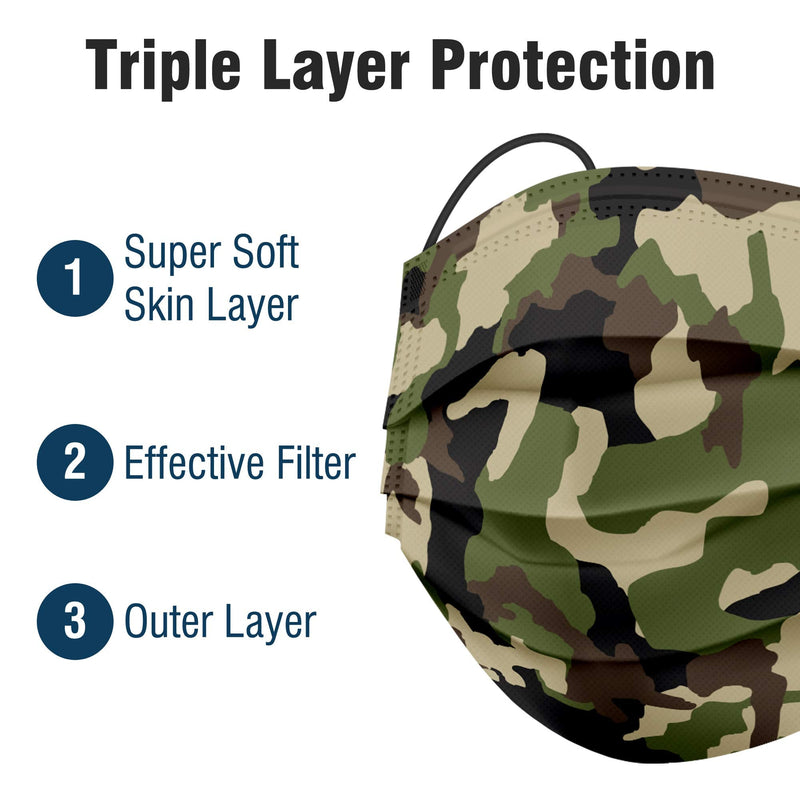 WeCare Disposable Face Mask Individually Wrapped - 50 Pack, Camo Masks 3 Ply