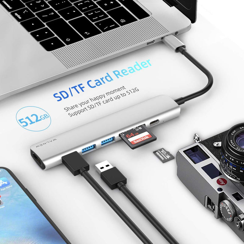 WALNEW USB C Hub, MacBook Pro USB C Adapter, 7-in-1 Type C Hub with 4K USB-C to HDMI, 3 USB 3.0 Ports, SD/TF Card Reader, 100W PD Dock for iPad Pro/ MacBook Pro/Air(Thunderbolt 3)/ Type C Devices Silver