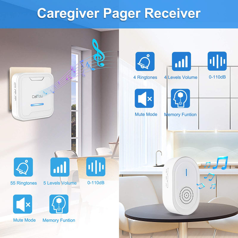 CallToU Wireless Caregiver Pager System Caregiver Call Button Nurse Alert System for Elderly,Medical Alert System for Seniors Disabled Patient,2 SOS Transmitters(1 Medical Alert Watches) + 2 Receivers