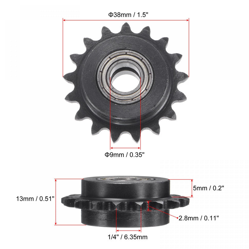 uxcell #25 Chain Idler Sprocket, 9mm Bore 1/4" Pitch 17 Tooth Tensioner, Black Oxide Finish C45 Carbon Steel with Insert Double Bearing for ISO 04C Chains