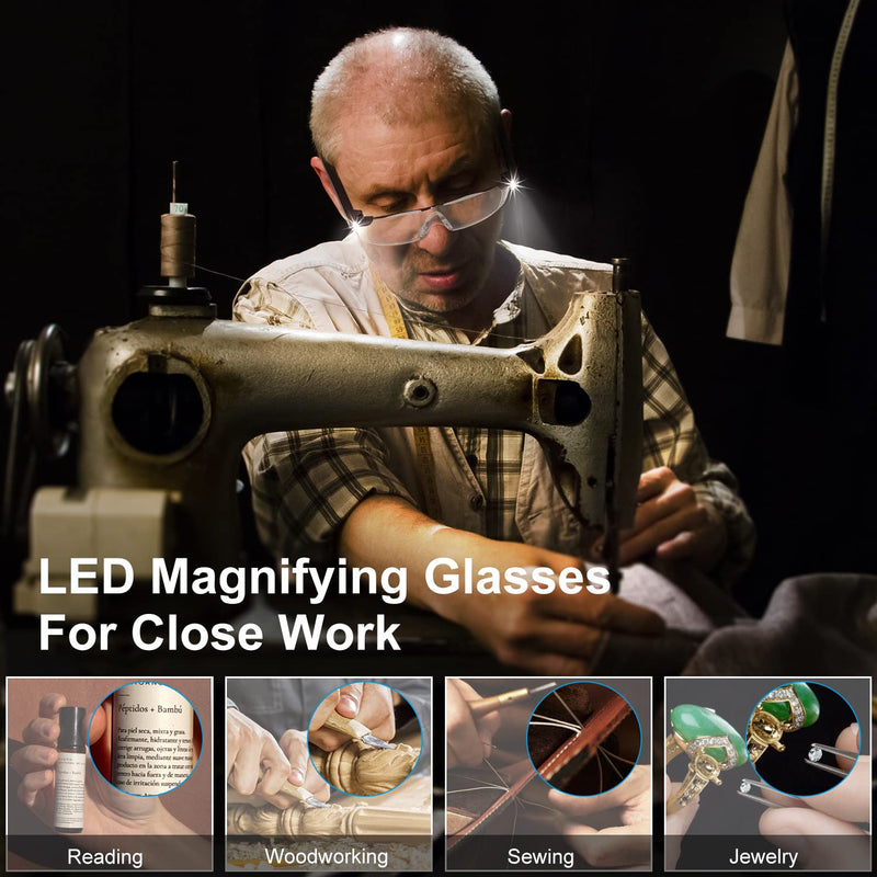 SKYWAY Magnifying Glasses with Light, 160% LED Lighted Rechargeable Magnifier Eyeglasses for Reading Hobbies and Close Work Hands Free Black160