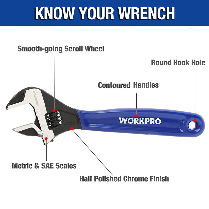 WORKPRO 2-piece Adjustable Wrench Set, 6-Inch & 10-Inch, Extra-Wide Jaw Black Oxide Wrench, Metric & SAE Scales, for Home, Garage, Workshop and DIY