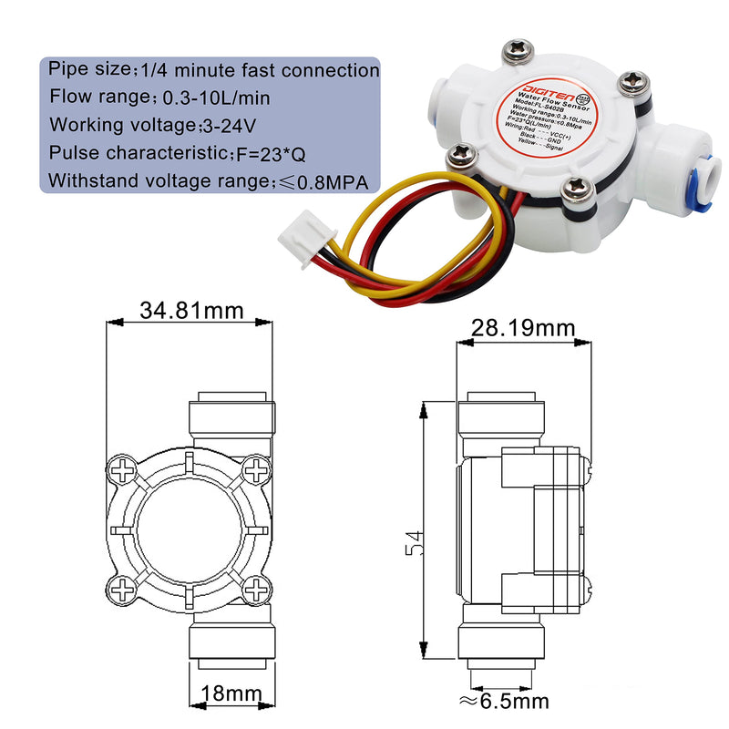 DIGITEN 1/4 Quick Connect 0.3-10L/min Water Hall Effect Flow Sensor Meter