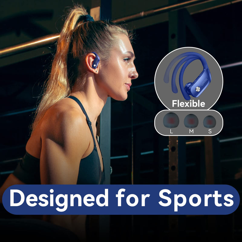 Wireless Earbuds Bluetooth Headphones 48hrs Play Back Sport Earphones with LED Display Over-Ear Buds with Earhooks Built-in Mic Headset for Workout Blue BMANI-VEAT00L