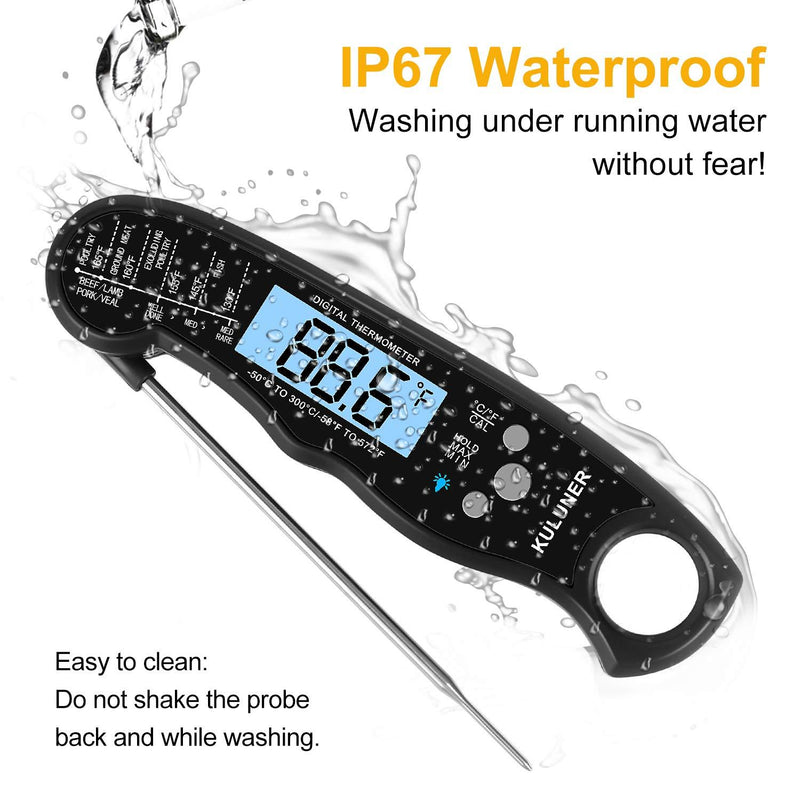 KULUNER TP-01 Waterproof Digital Instant Read Meat Thermometer with 4.6” Folding Probe Backlight & Calibration Function for Cooking Food Candy, BBQ Grill, Liquids,Beef(Black) black