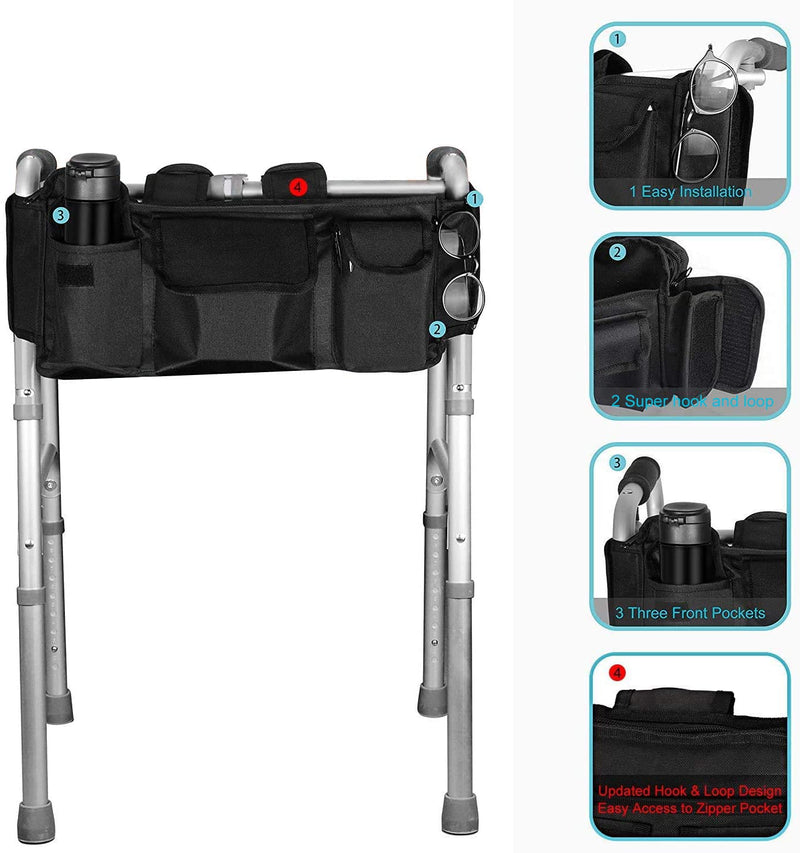 supregear Walker Bag, Folding Walker Basket Organizer Pouch Tote with Multiple Pockets and Zippered Compartment for Walker Rollator Scooters Wheelchair, Hook & Loop Design Storage Bag (Black) Black