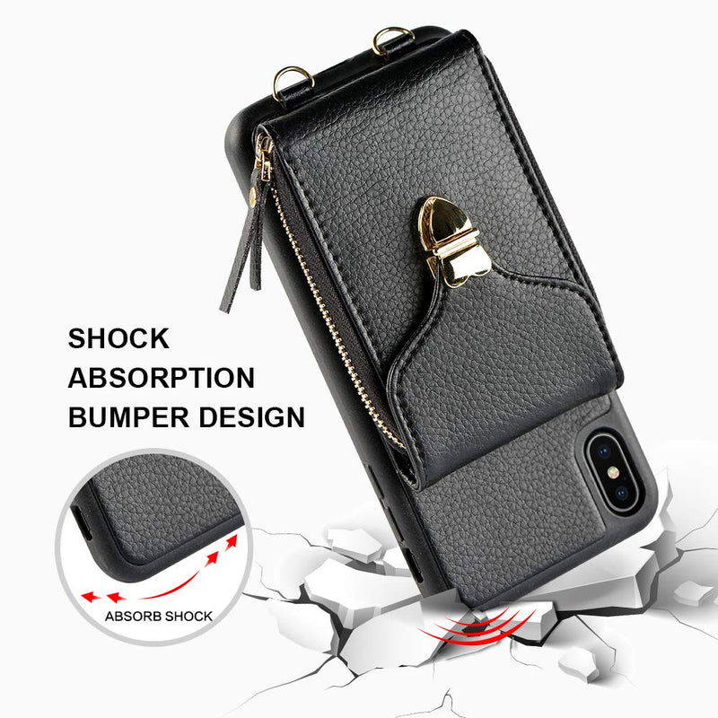 iPhone Xs Wallet Case, JLFCH iPhone Xs Zipper Leather Case with Card Slot Holder Closure Buckle iPhone Xs Crossbody Purse Handbag Long Wrist Strap Back Cover for Apple iPhone X/XS 5.8 inch - Black iPhone X/XS 5.8''-Black iPhone X/XS 5.8''