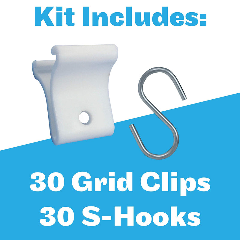 SharpTank Ceiling Grid Clips | 60 Pc Kit of White Clips and Ceiling Hooks for Hanging Classroom Decorations and Office Decor (Includes 30 Ceiling Clips and 30 S-Hooks) 60 Pc Set (30 Clips, 30 S-Hooks)