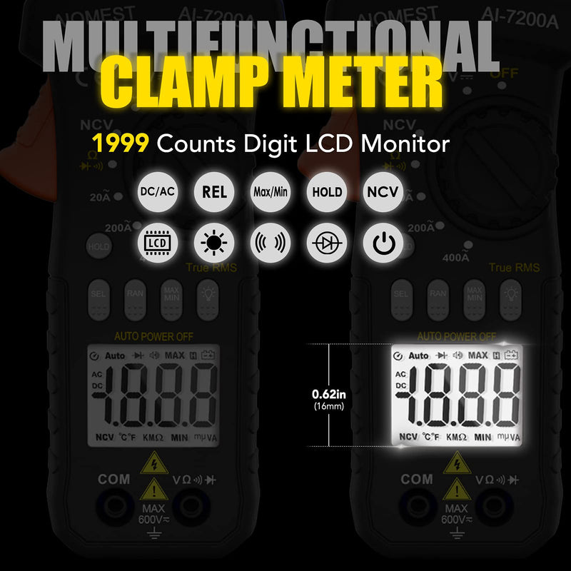 AIOMEST AI-7200A TRMS 2000 Counts Digital Clamp Multimeter Measures AC/DC Voltage, Current, Resistance, Continuity, Diode, Continuity, NCV Test, Auto Volt Amp Ohm Tester with Backlit Lamp