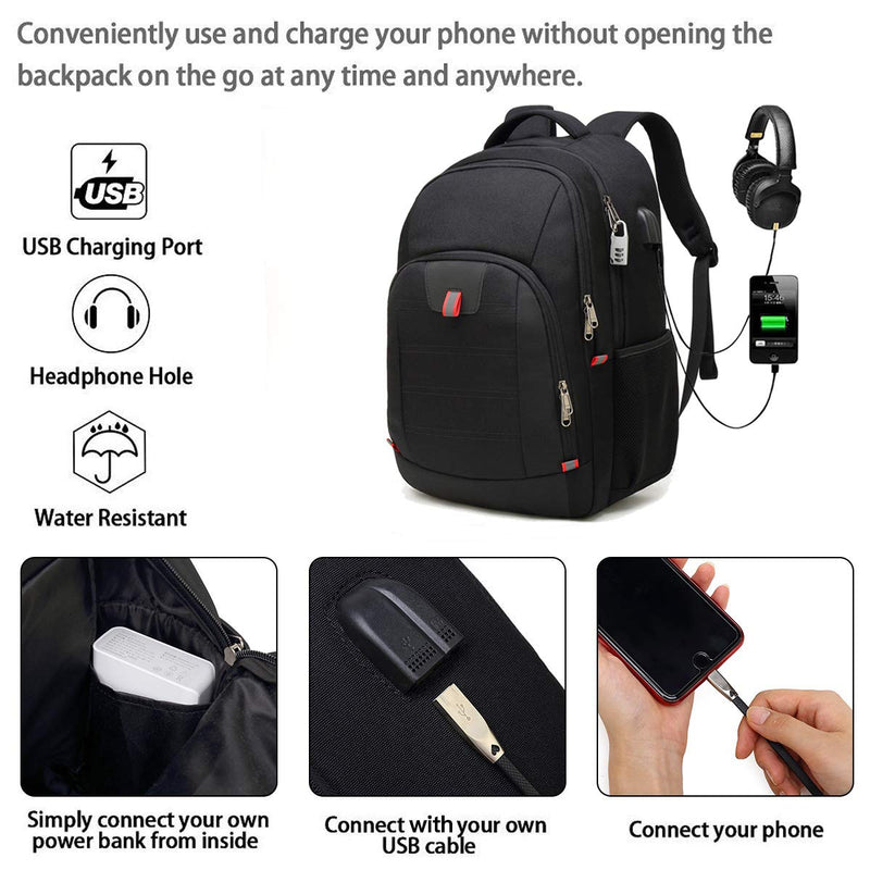 Travel Laptop Backpack,Extra Large Anti Theft College School Backpack for Men and Women with USB Charging Port,Water Resistant Big Business Computer Backpack Bag Fit 17 Inch Laptop and Notebook,Black Black