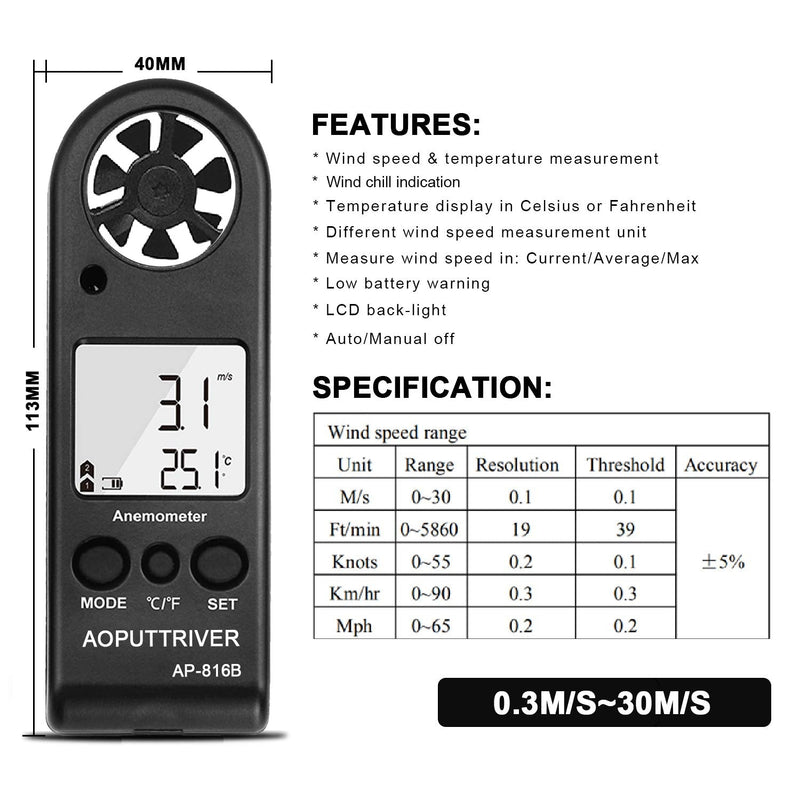 Anemometer Handheld Wind Speed Meter for Measuring Wind Speed Temperature and Max/Average/Current, High Precision Anemometer Measuring for Windsurfing Sailing Fishing Outdoor Activities 816B(Pocket Anemometer)