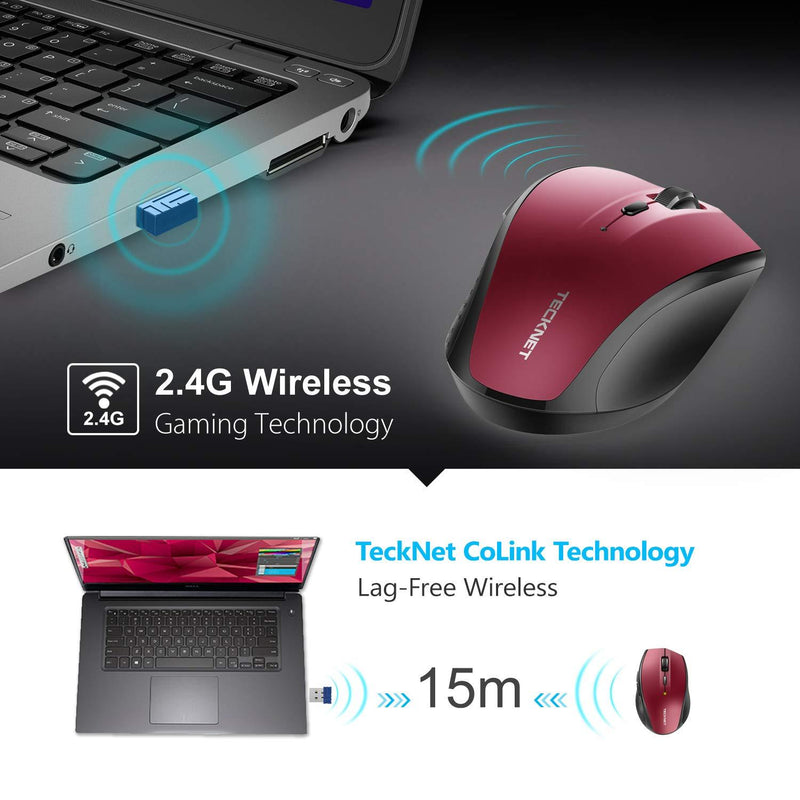 TECKNET Classic 2.4G Portable Optical Wireless Mouse with USB Nano Receiver for Notebook,PC,Laptop,Computer,6 Buttons,30 Months Battery Life,4800 DPI,6 Adjustment Levels Red