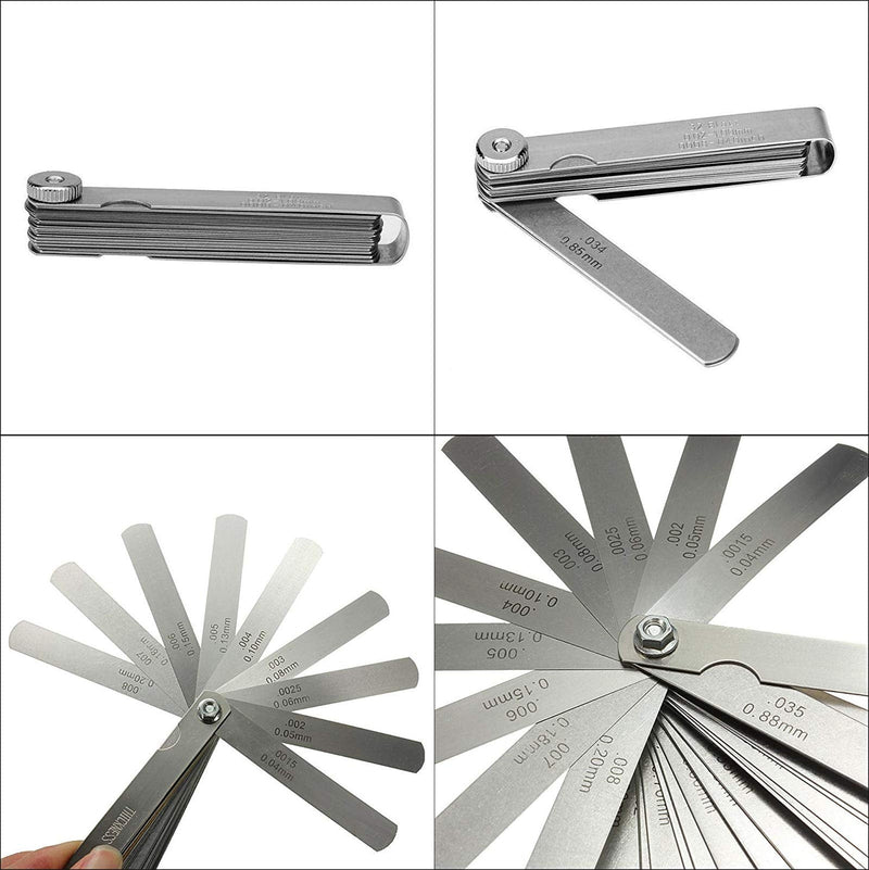 TraderPlus 2pcs 32 Blades Stainless Steel Feeler Gauge Dual Marked Metric and Imperial Gap Measurement Tool(0.0015-0.035 inch/ 0.04-0.88mm)