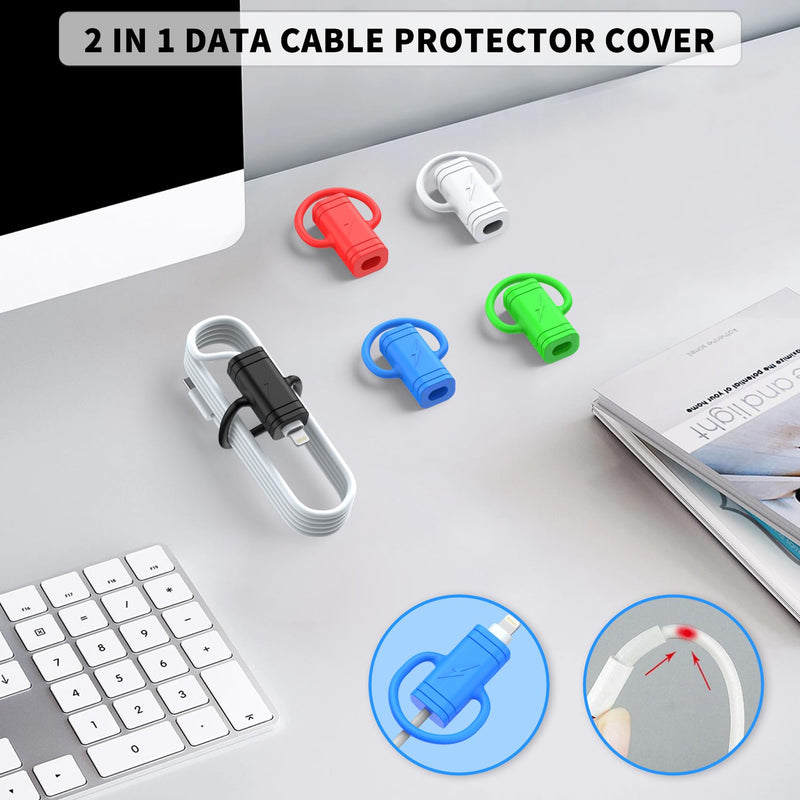 WOOPIT 2 in 1 Data Cable Protector Cover,5 Pack Charger Cable Protector,Universal Mini Data Cable Protective Cover,USB Cable Protector for Most Mobile Phone Cable Black+White+Red+Glow Blue+Glow Green