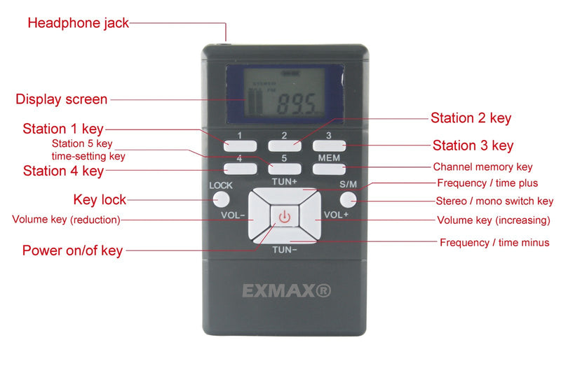 EXMAX® EXG-108 Wireless Stereo FM Radio Receiver Portable Pocket Small Mini FM Radio Receiver Earbuds LCD Clock Earphone for FM Translator Tour Guide System Jogging Running Walking Yardwork - Gray