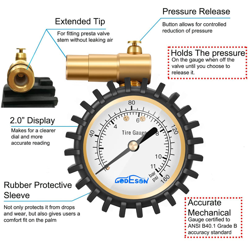 GODESON Presta Valve Tire Pressure Gauge with Bicycle Air Pressure Relief for Road Cycling Tires,Range to 160 PSI/11BAR(Presta Valve Only) 160psi