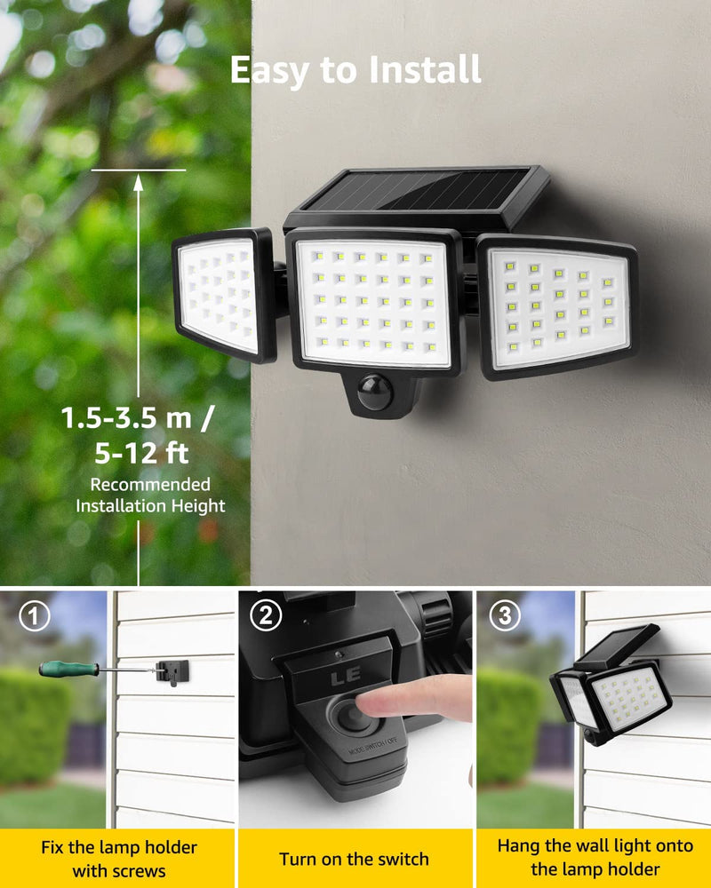 LE Solar Motion Lights Outdoor, Security Flood Lights, 1000LM High Brightness, 3 Adjustable Heads 270° Wide Lighting Angle, IP65 Waterproof, Wireless Wall Lamp for Porch Yard Garage Pathway 1