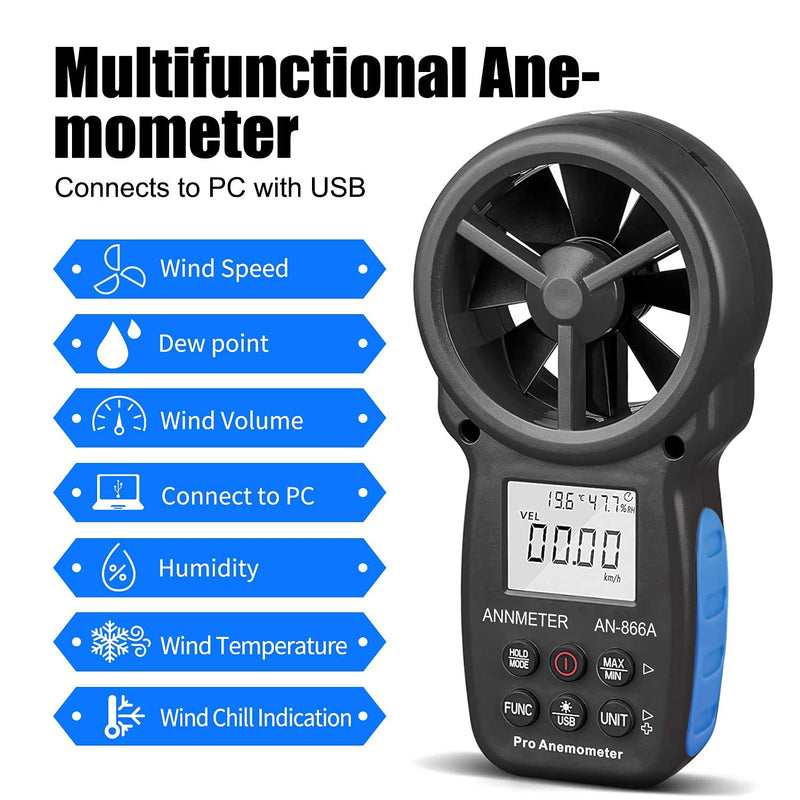 AIOMEST Wind Meter, Digital Anemometer Wind Meter Handheld, AI-866A Wind Meter CFM Wind Speed Meter for Wind Speed Temperature, with USB Port