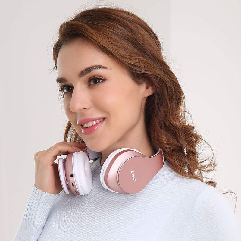 Bluetooth Headphones Over-Ear, Zihnic Foldable Wireless and Wired Stereo Headset Micro SD/TF, FM for Cell Phone,PC,Soft Earmuffs &Light Weight for Prolonged Waring(Rose Gold) Rose Gold